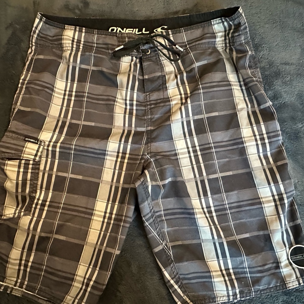 O'Neill Men's Plaid Swim Shorts - Black and Gray size 34